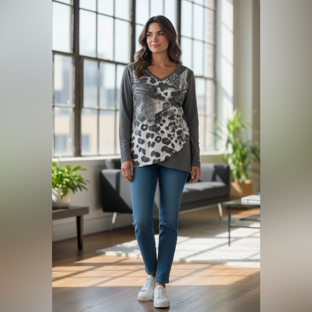 (35)Papa Vancouver Stylish Gray and Black Long Sleeve Top Small